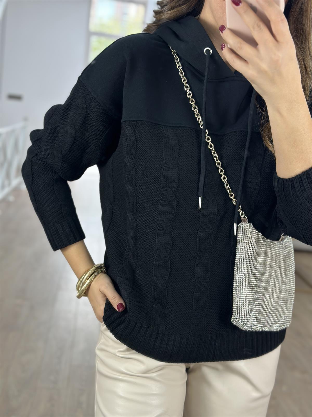 Triko Detaylı Kapüşonlu Sweatshirt-Siyah