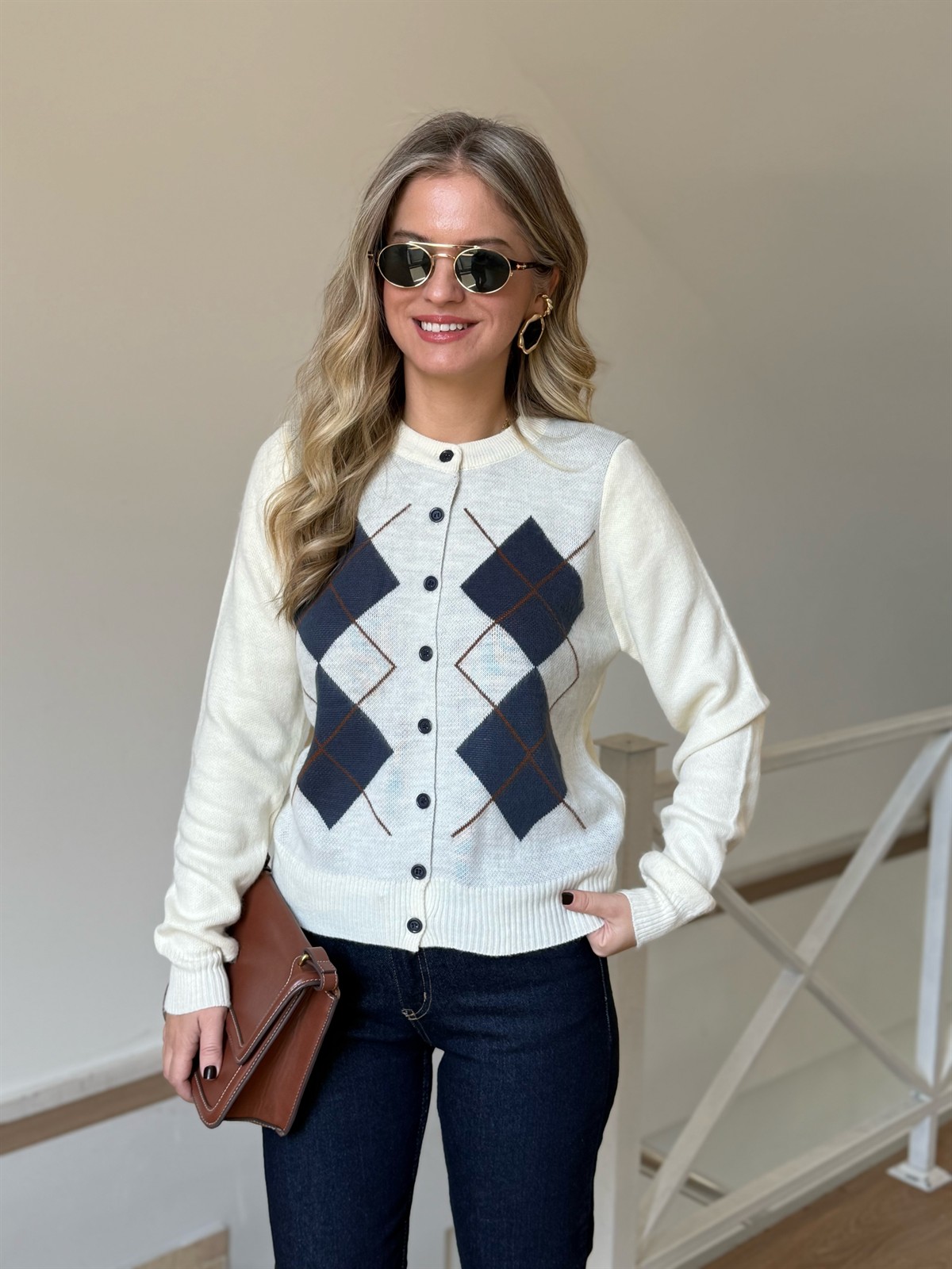 Baklava Desen Önü Düğmeli Triko Hırka - Ekru/Lacivert 