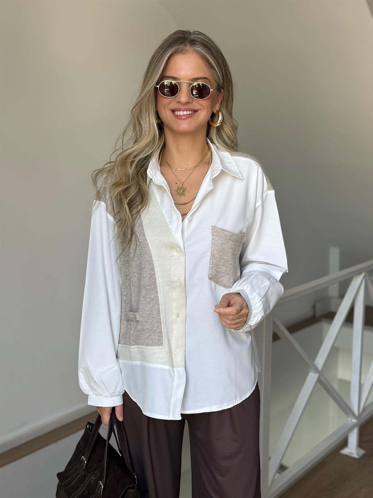 Triko Garnili %100 Pamuk Poplin Gömlek - Bej