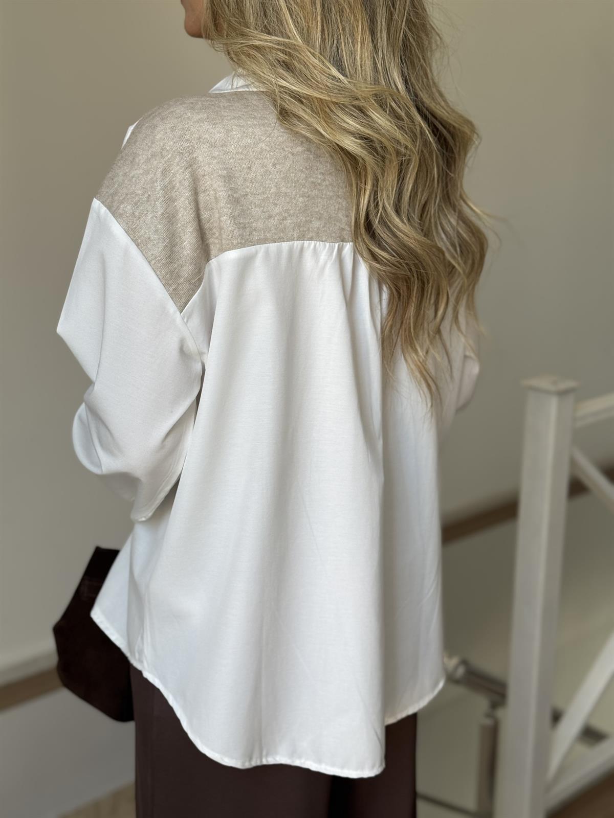 Triko Garnili %100 Pamuk Poplin Gömlek - Bej