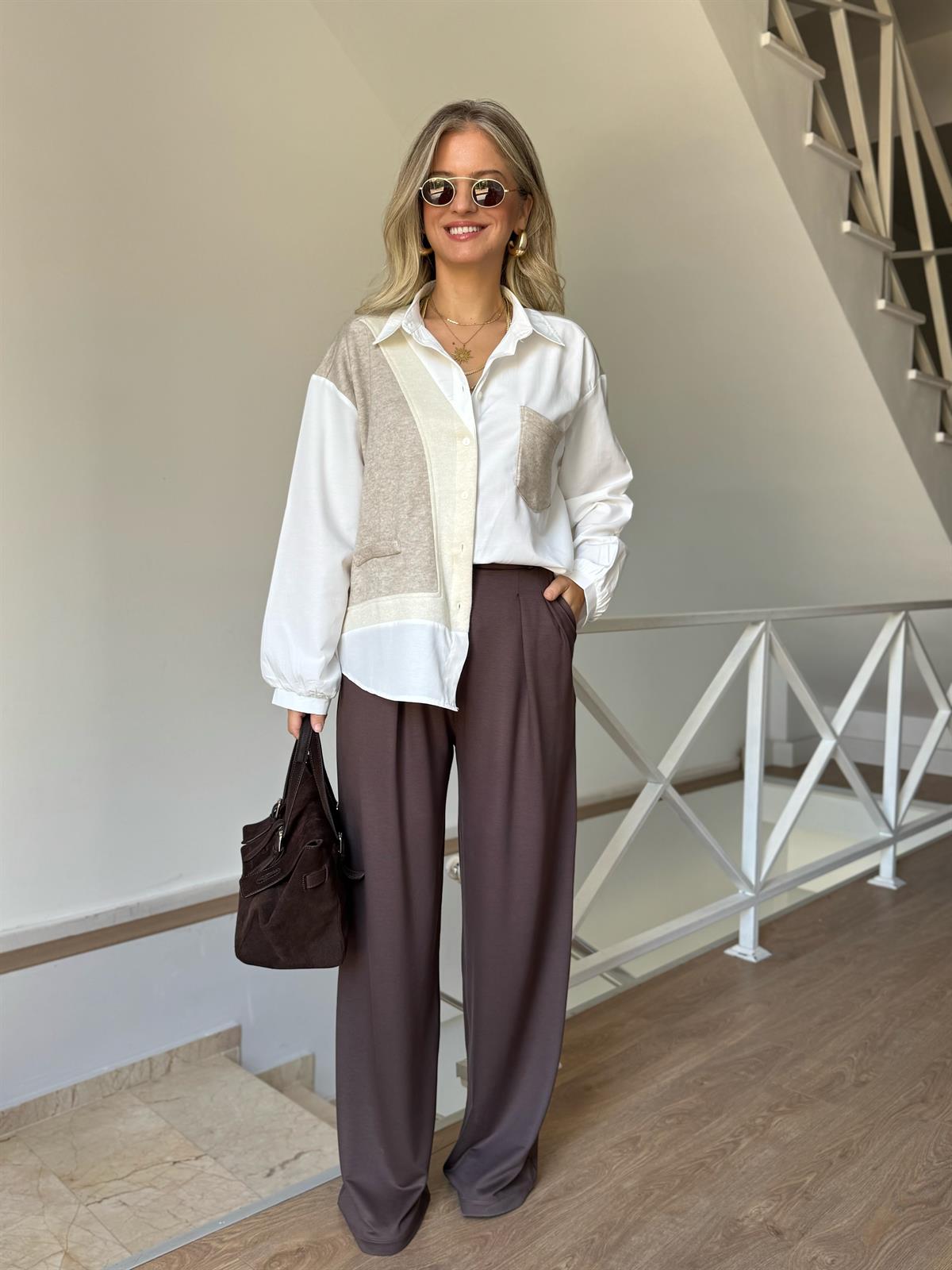 Triko Garnili %100 Pamuk Poplin Gömlek - Bej