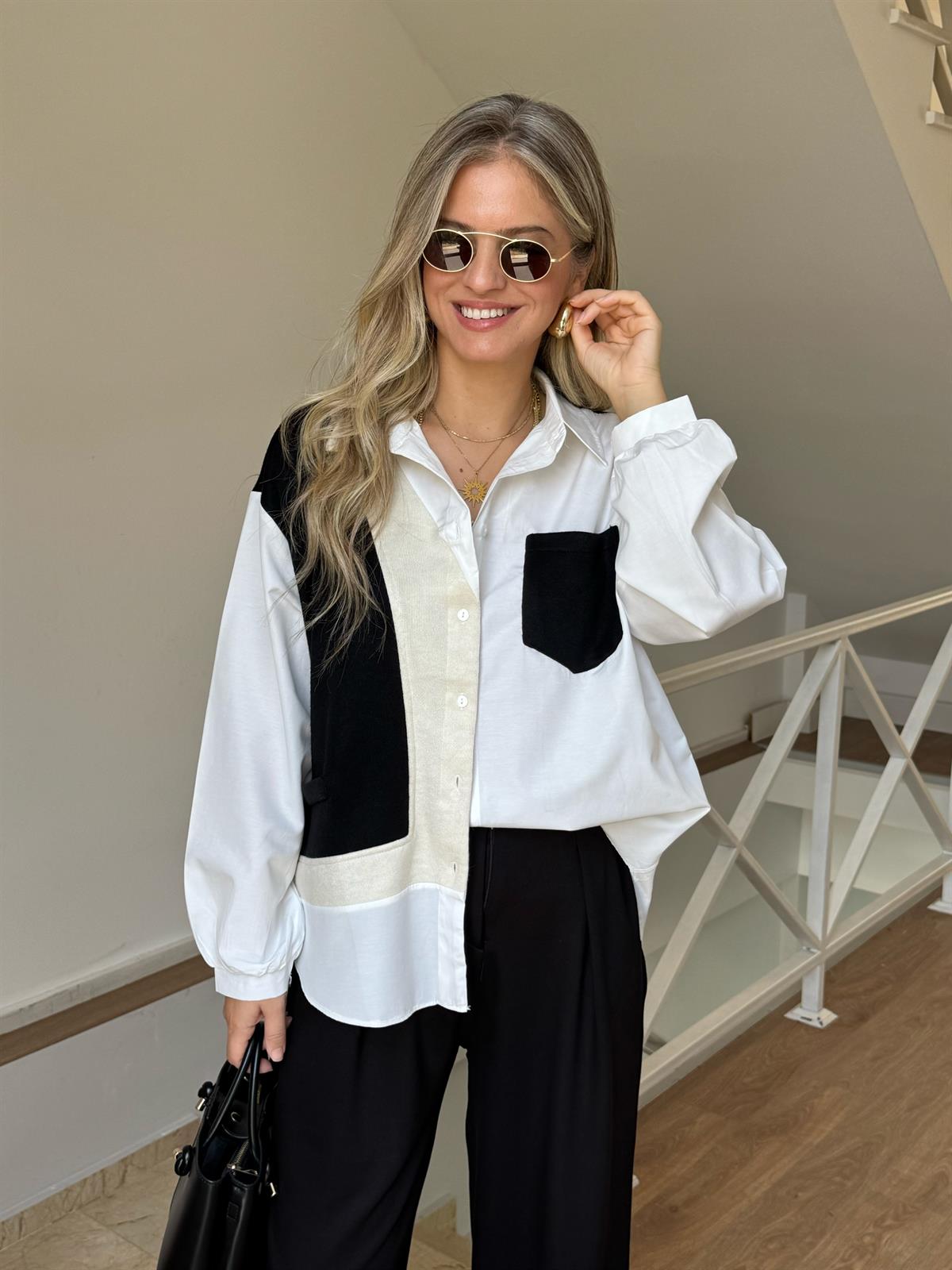 Triko Garnili %100 Pamuk Poplin Gömlek - Siyah