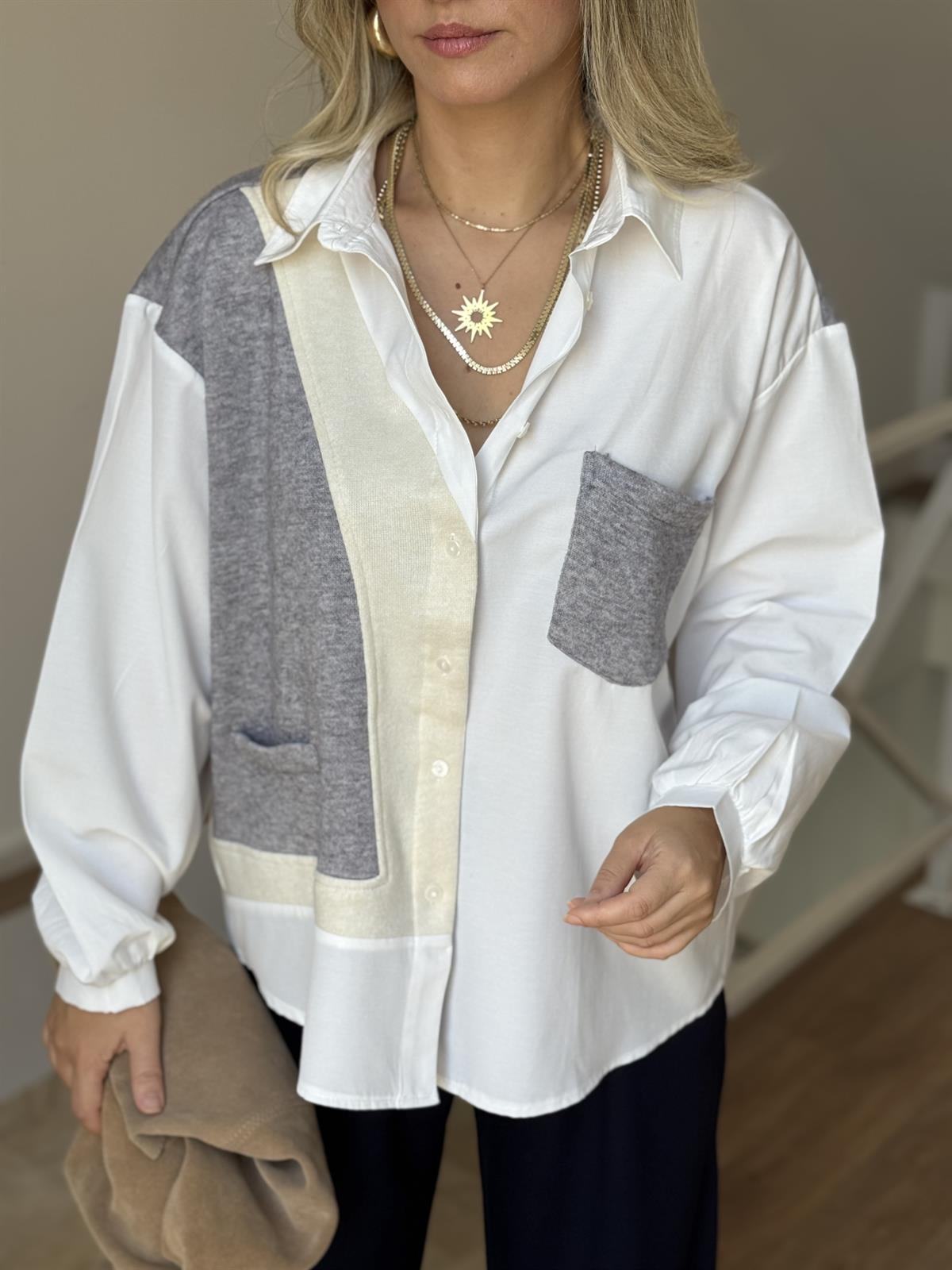 Triko Garnili %100 Pamuk Poplin Gömlek - Gri