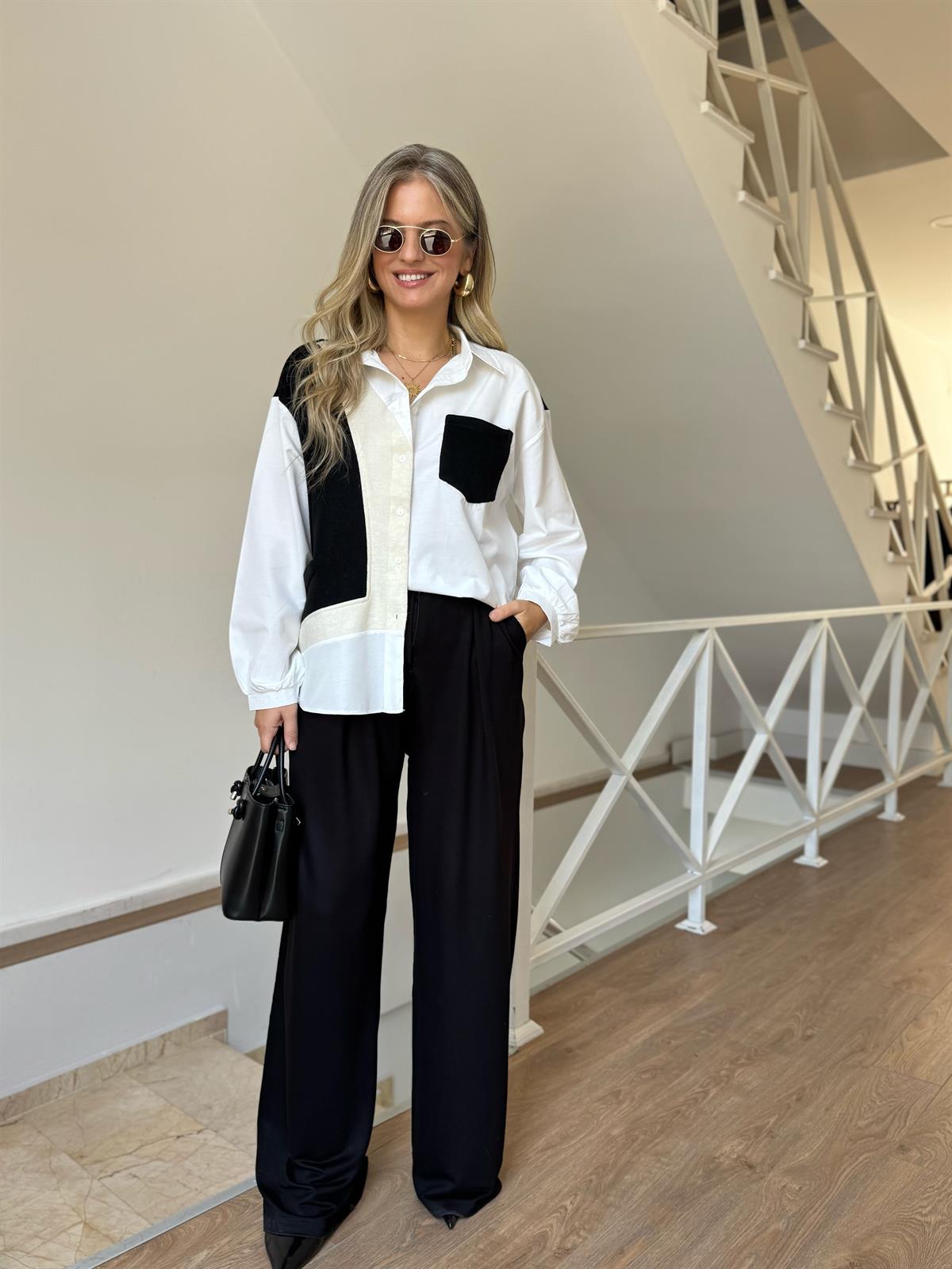 Triko Garnili %100 Pamuk Poplin Gömlek - Siyah