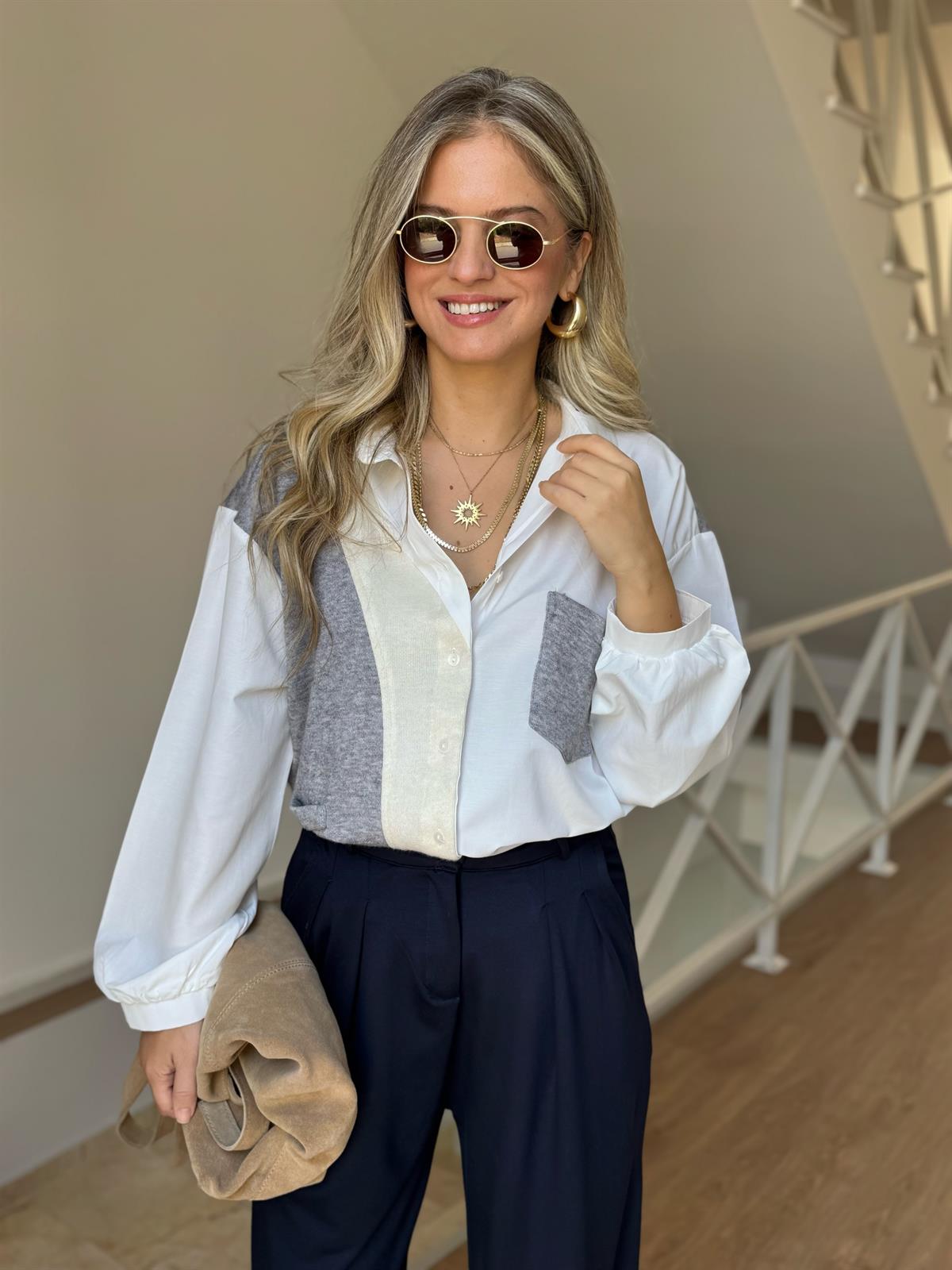 Triko Garnili %100 Pamuk Poplin Gömlek - Gri