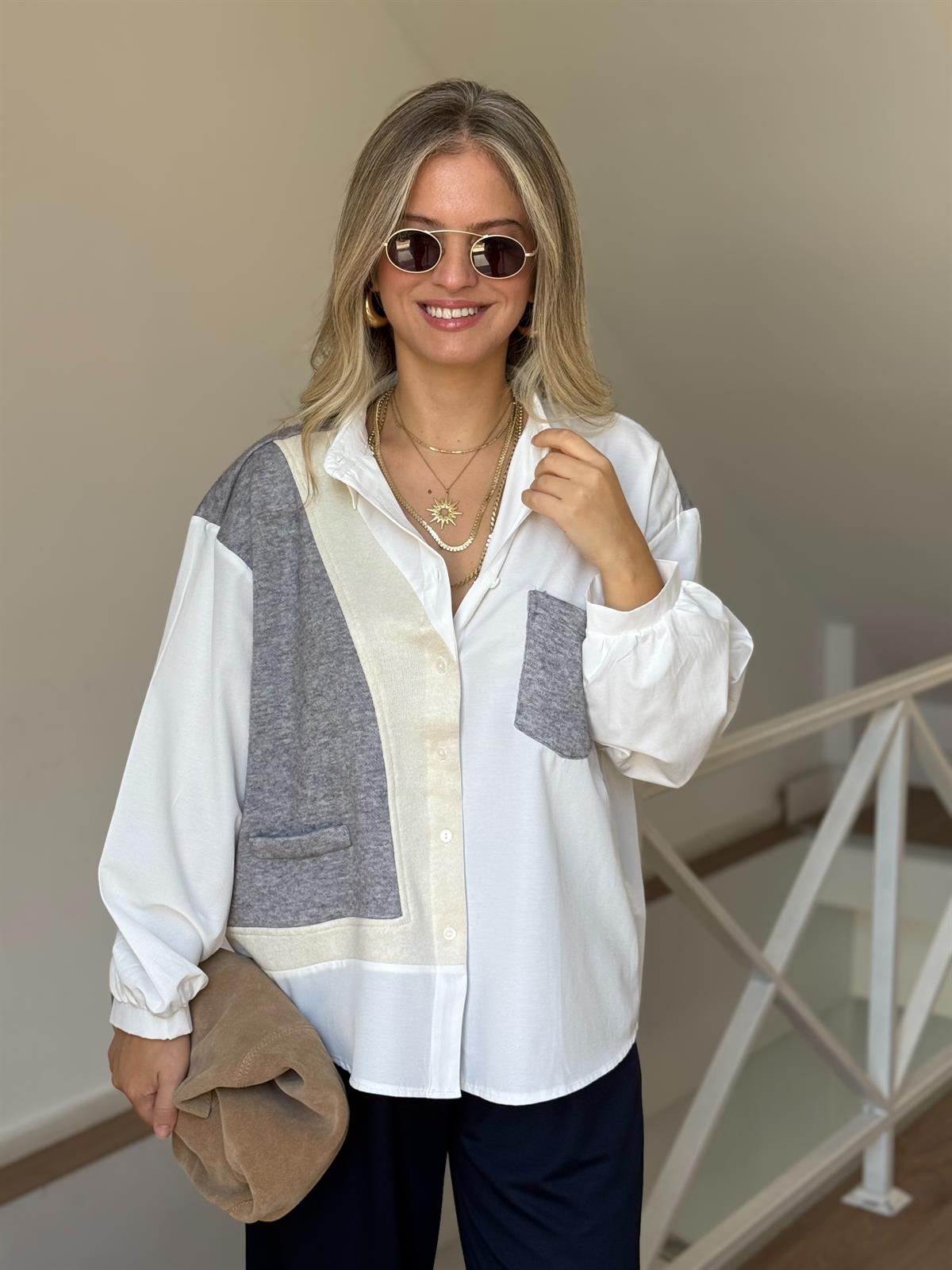 Triko Garnili %100 Pamuk Poplin Gömlek - Gri