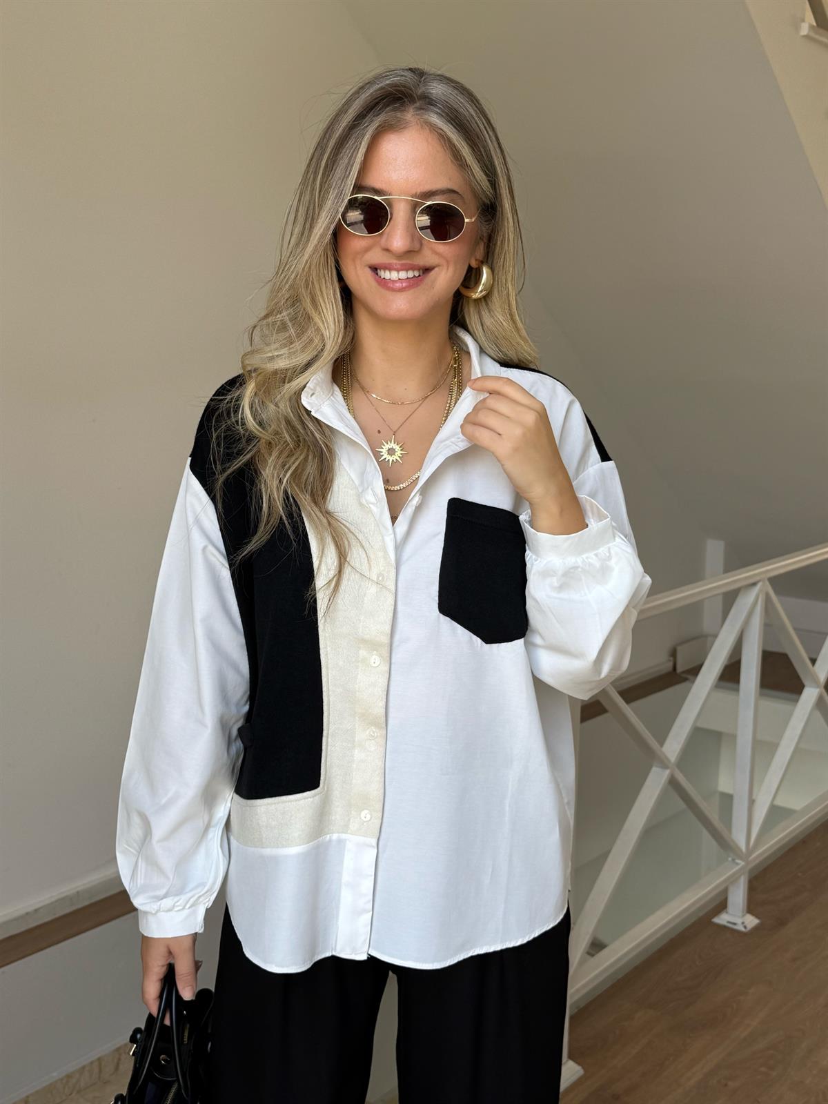 Triko Garnili %100 Pamuk Poplin Gömlek - Siyah