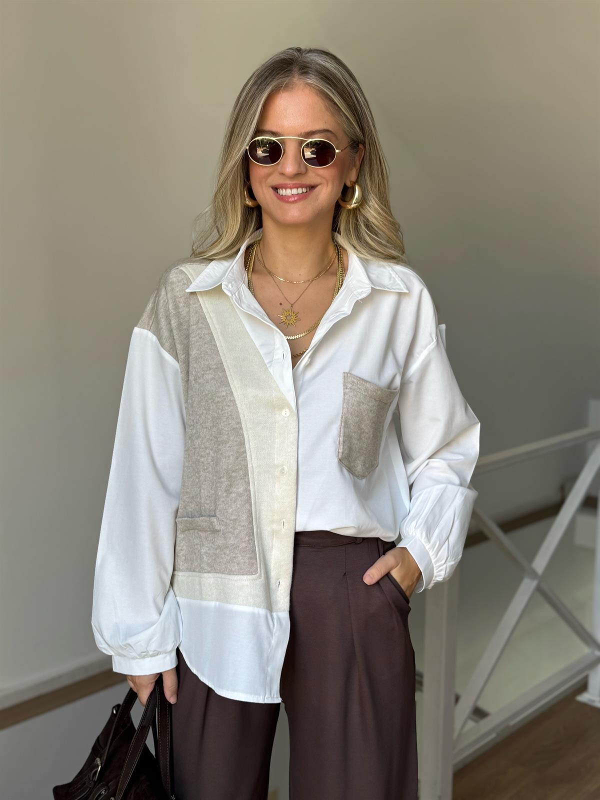 Triko Garnili %100 Pamuk Poplin Gömlek - Bej