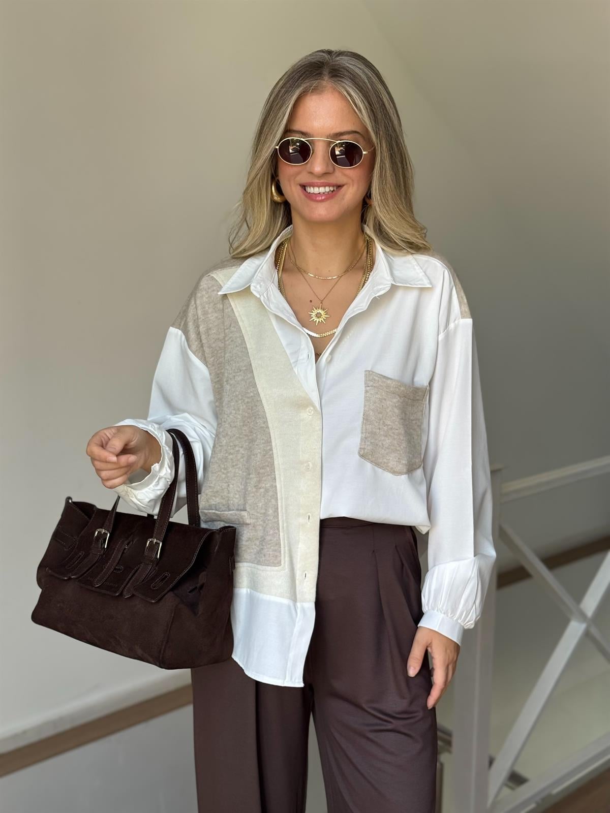 Triko Garnili %100 Pamuk Poplin Gömlek - Bej