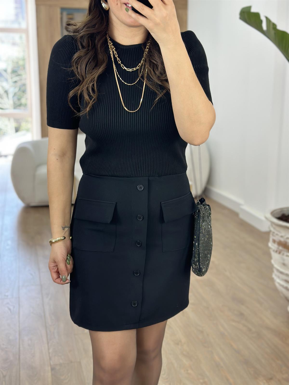 Triko Garnili Düğmeli Elbise