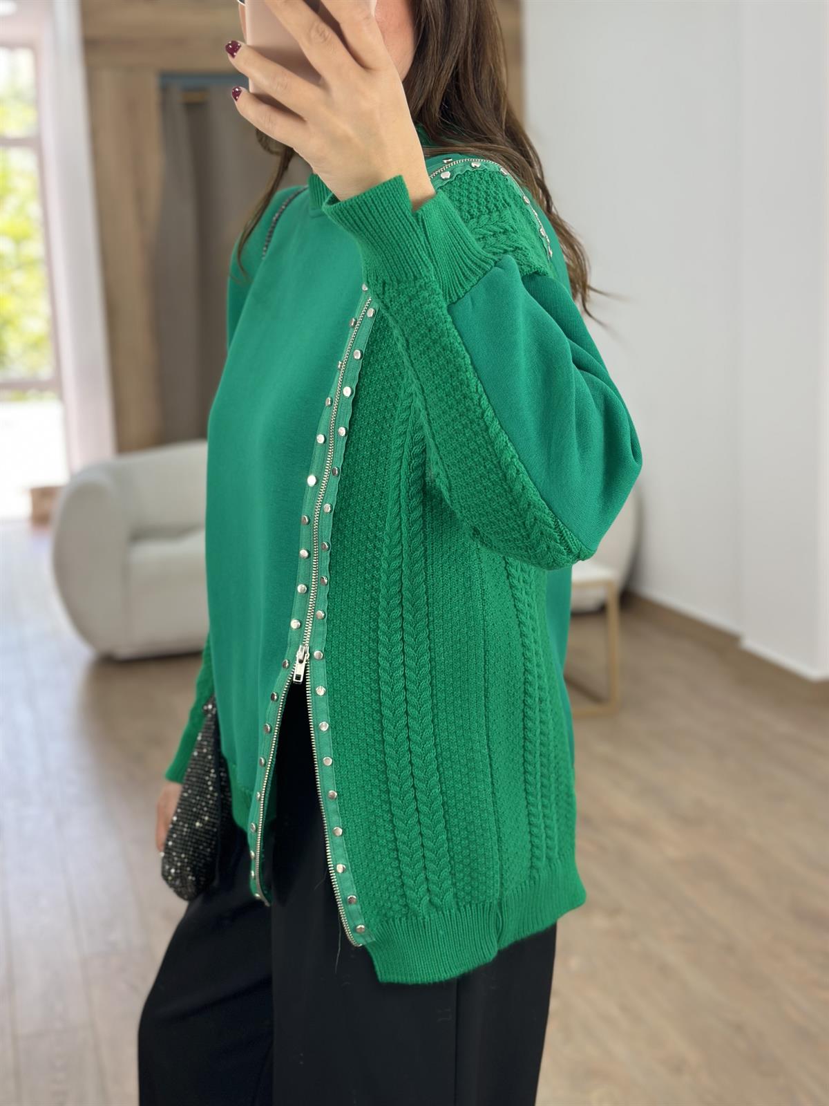 Triko Garnili Fermuar Detaylı İçerisi Şardonlu Sweatshirt-Yeşil