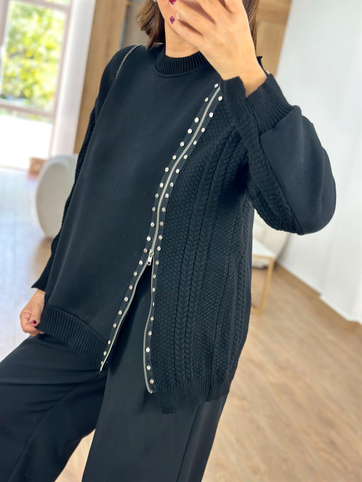 Triko Garnili Fermuar Detaylı İçerisi Şardonlu Sweatshirt-Siyah