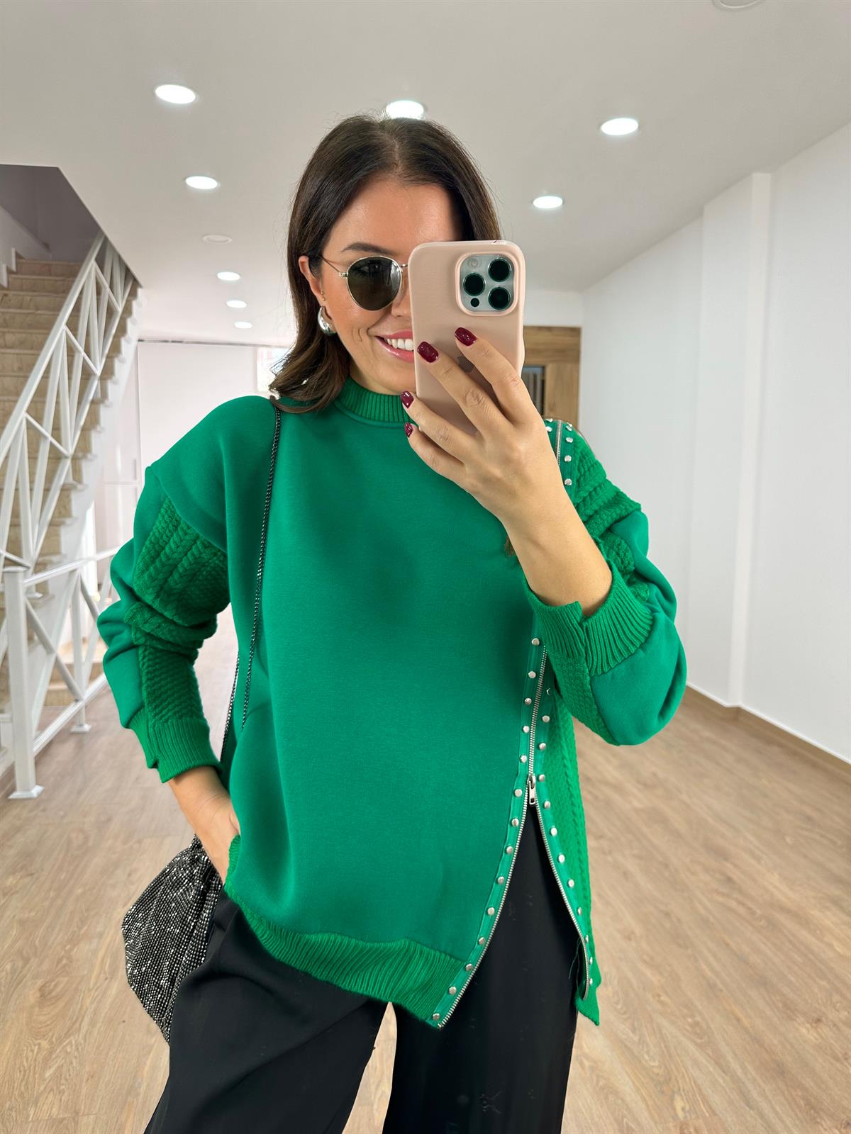 Triko Garnili Fermuar Detaylı İçerisi Şardonlu Sweatshirt-Yeşil