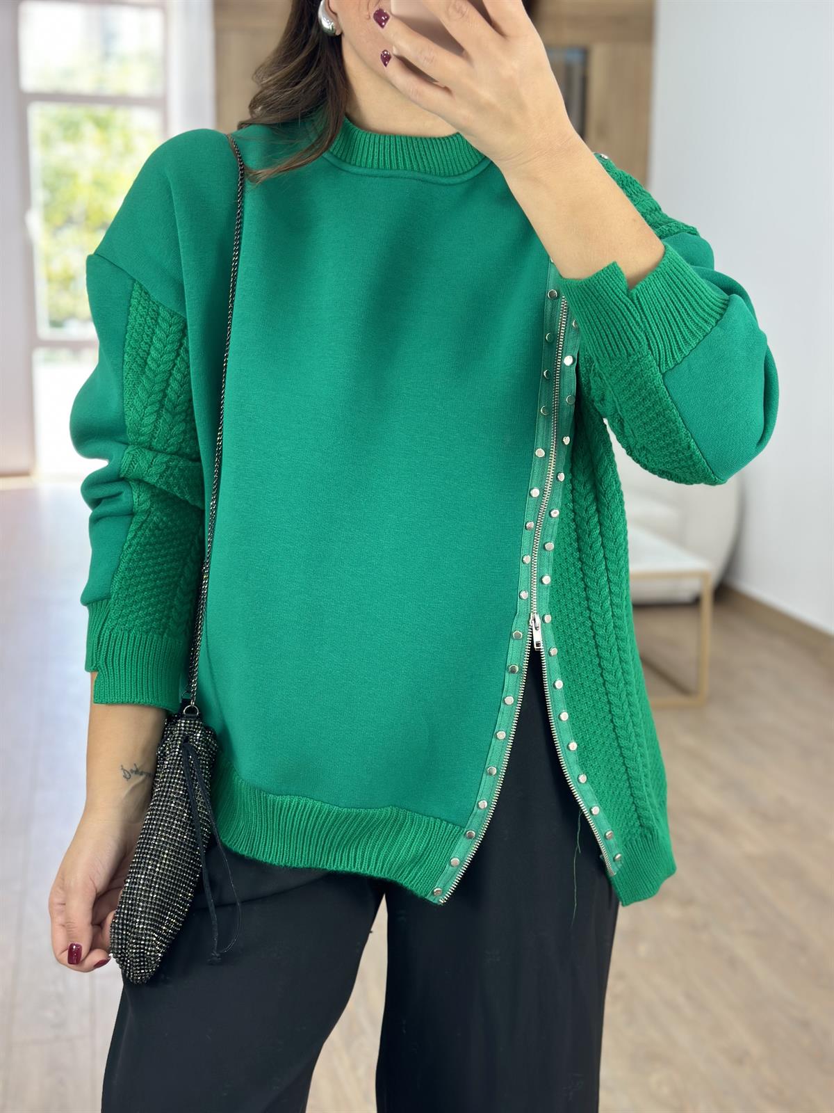 Triko Garnili Fermuar Detaylı İçerisi Şardonlu Sweatshirt-Yeşil