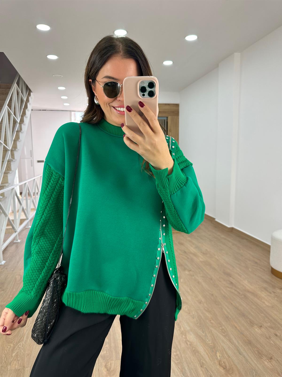 Triko Garnili Fermuar Detaylı İçerisi Şardonlu Sweatshirt-Yeşil