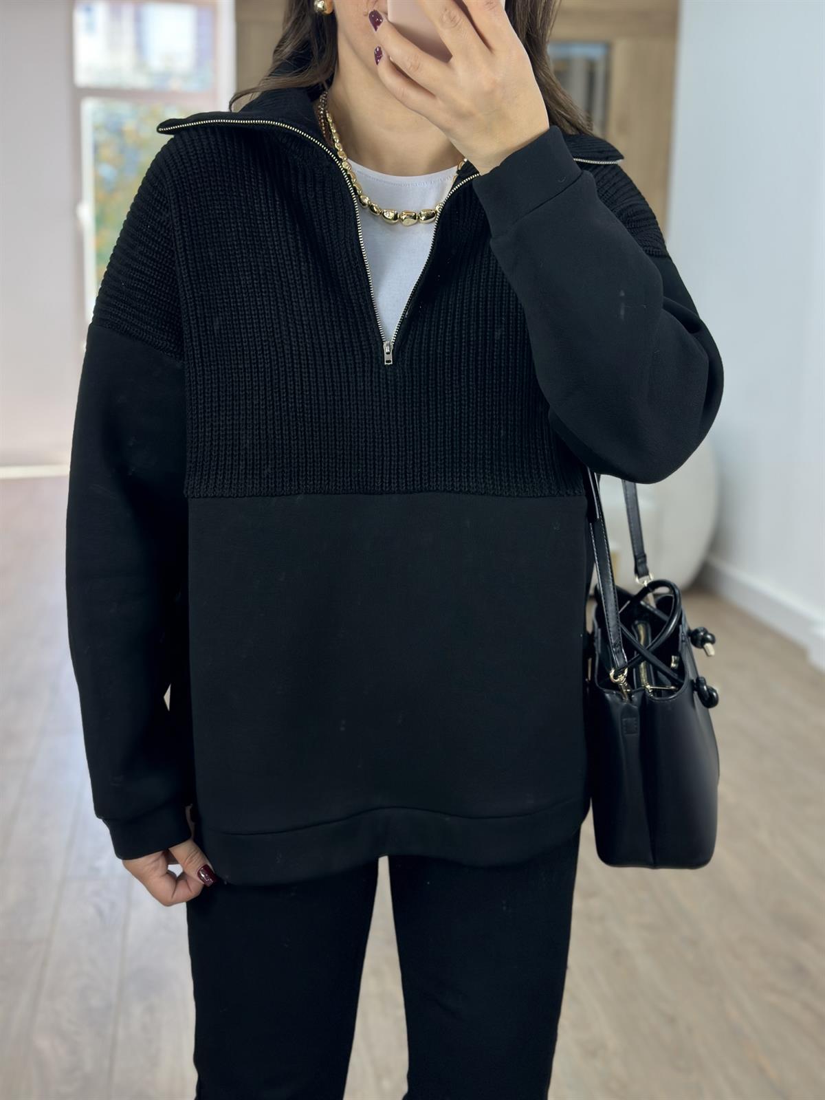 Triko Garnili Yakası Fermuarlı Sweatshirt-Siyah