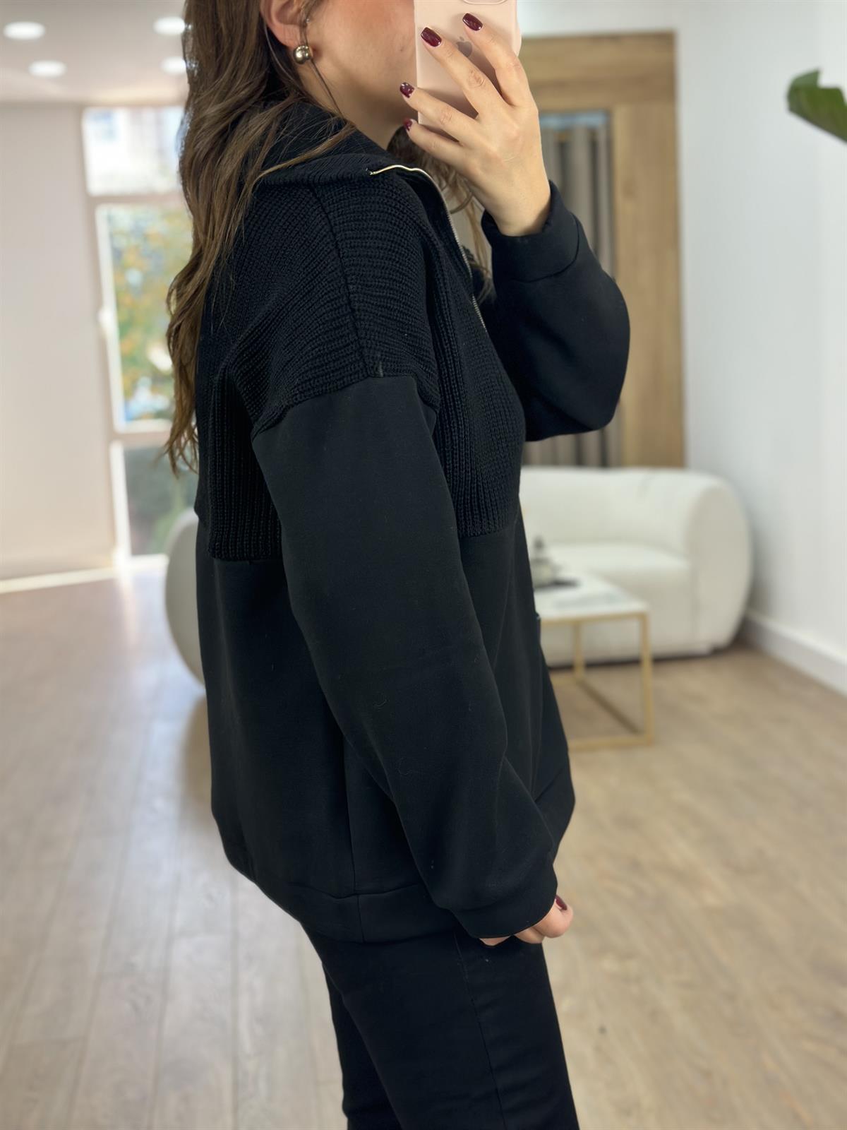 Triko Garnili Yakası Fermuarlı Sweatshirt-Siyah