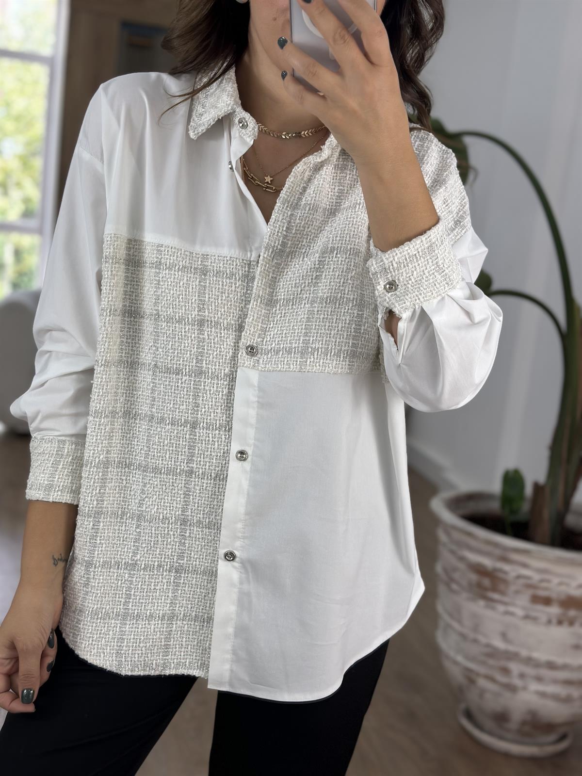 Tüvit Kumaş Detaylı Tasarım Gömlek - Ekru 