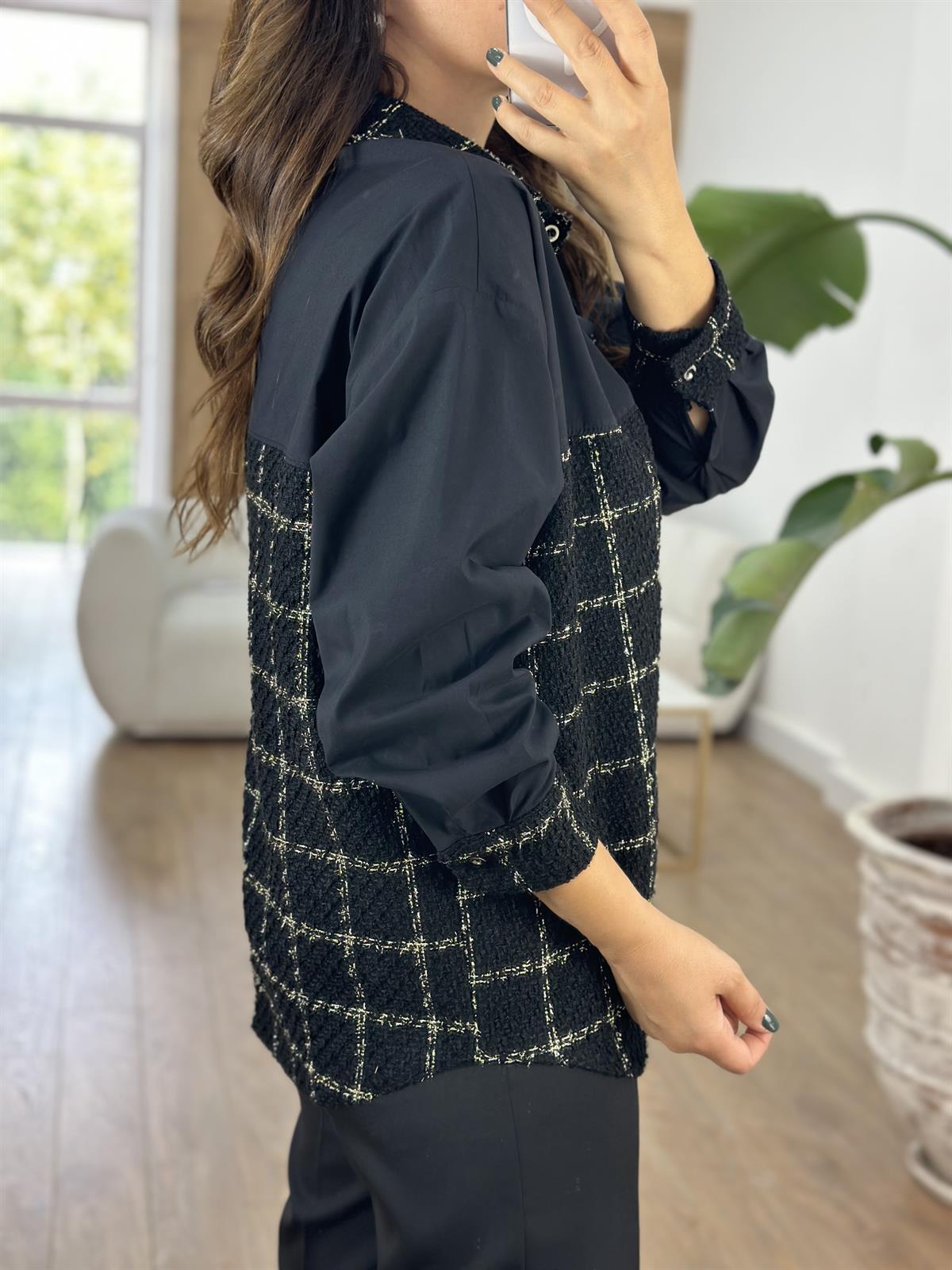 Tüvit Kumaş Detaylı Tasarım Gömlek - Siyah