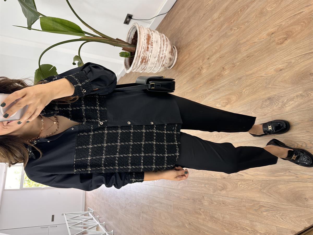 Tüvit Kumaş Detaylı Tasarım Gömlek - Siyah