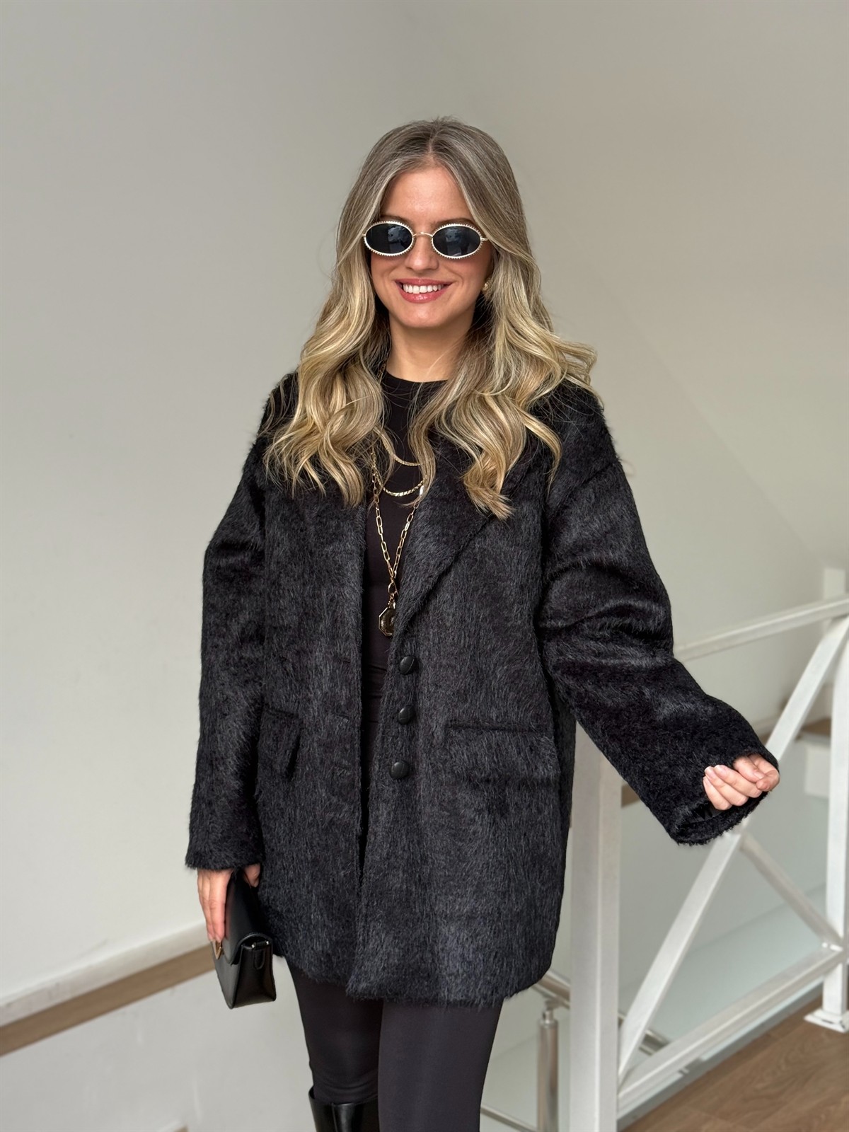 Tüylü Kaşe Kaban - Siyah