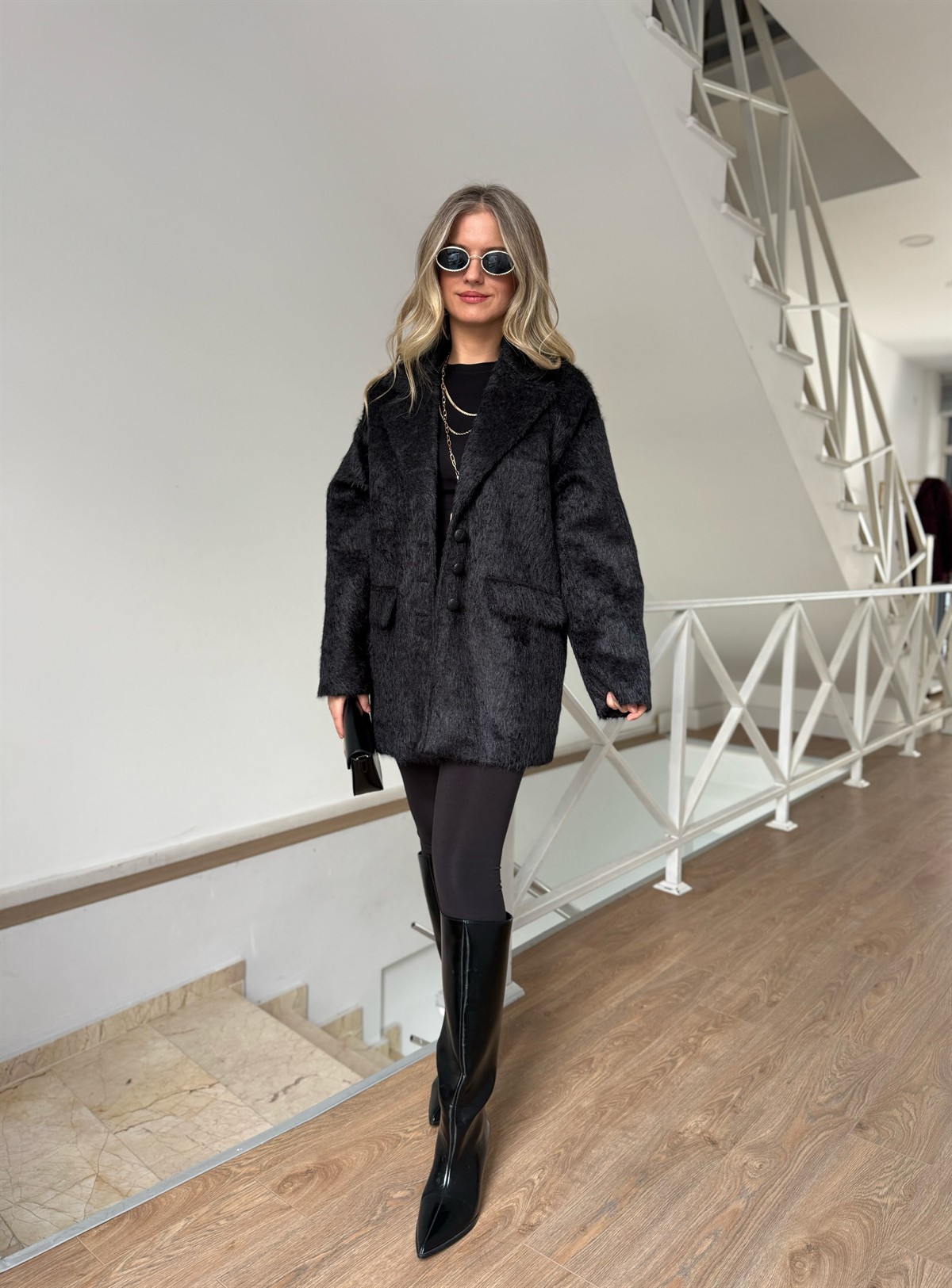 Tüylü Kaşe Kaban - Siyah