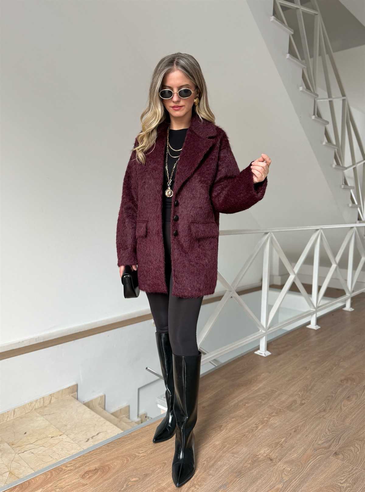 Tüylü Kaşe Kaban - Bordo