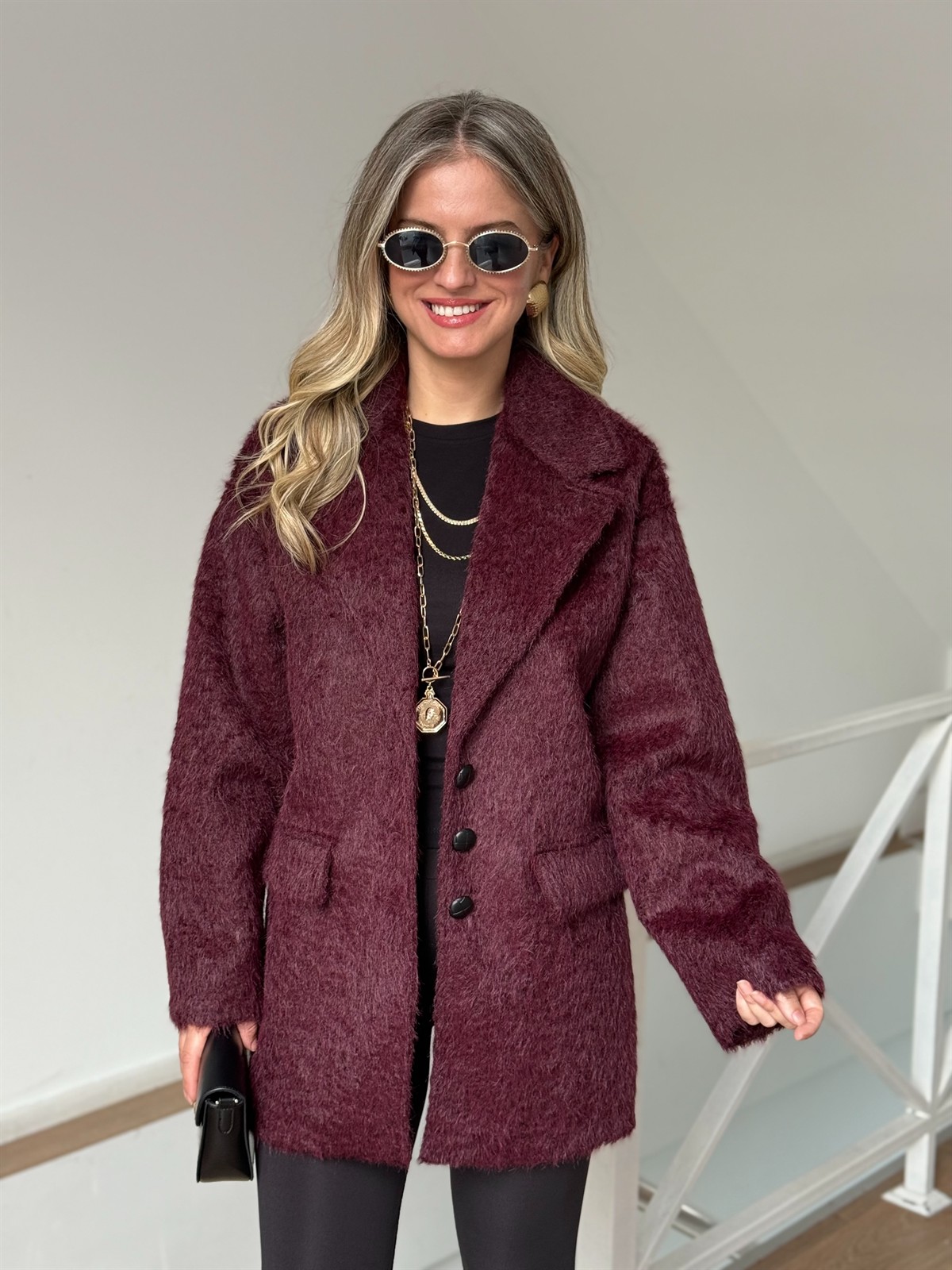 Tüylü Kaşe Kaban - Bordo