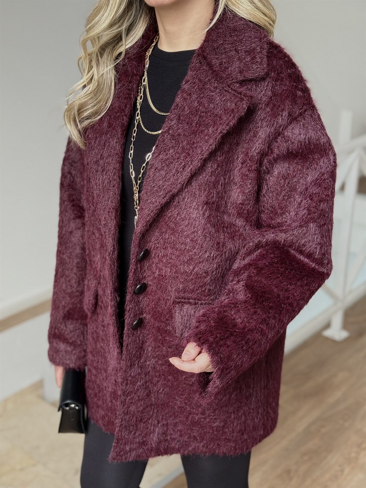 Tüylü Kaşe Kaban - Bordo