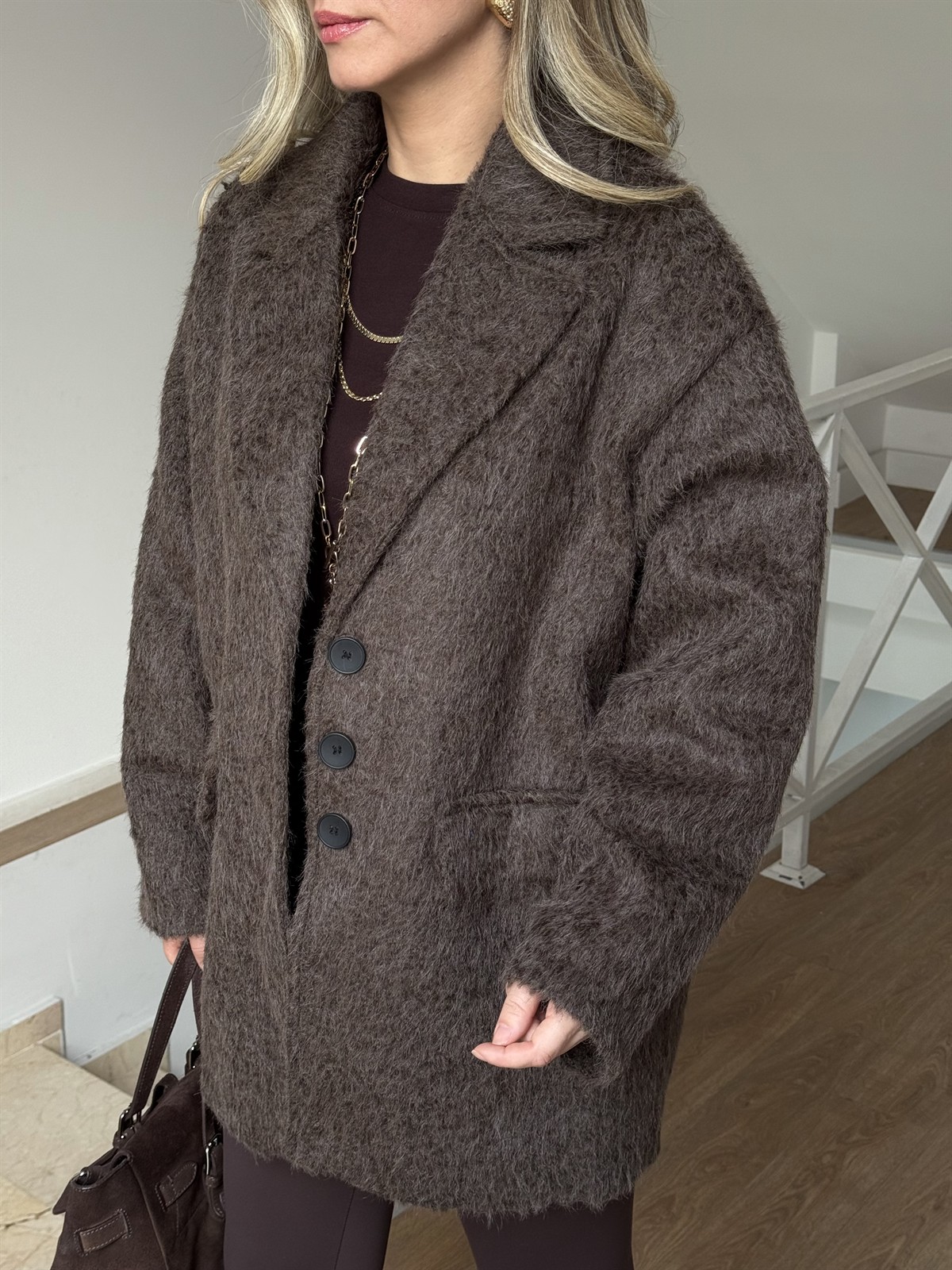 Tüylü Kaşe Kaban - Kahverengi