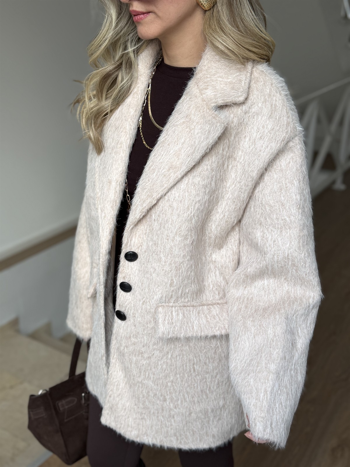 Tüylü Kaşe Kaban - Krem