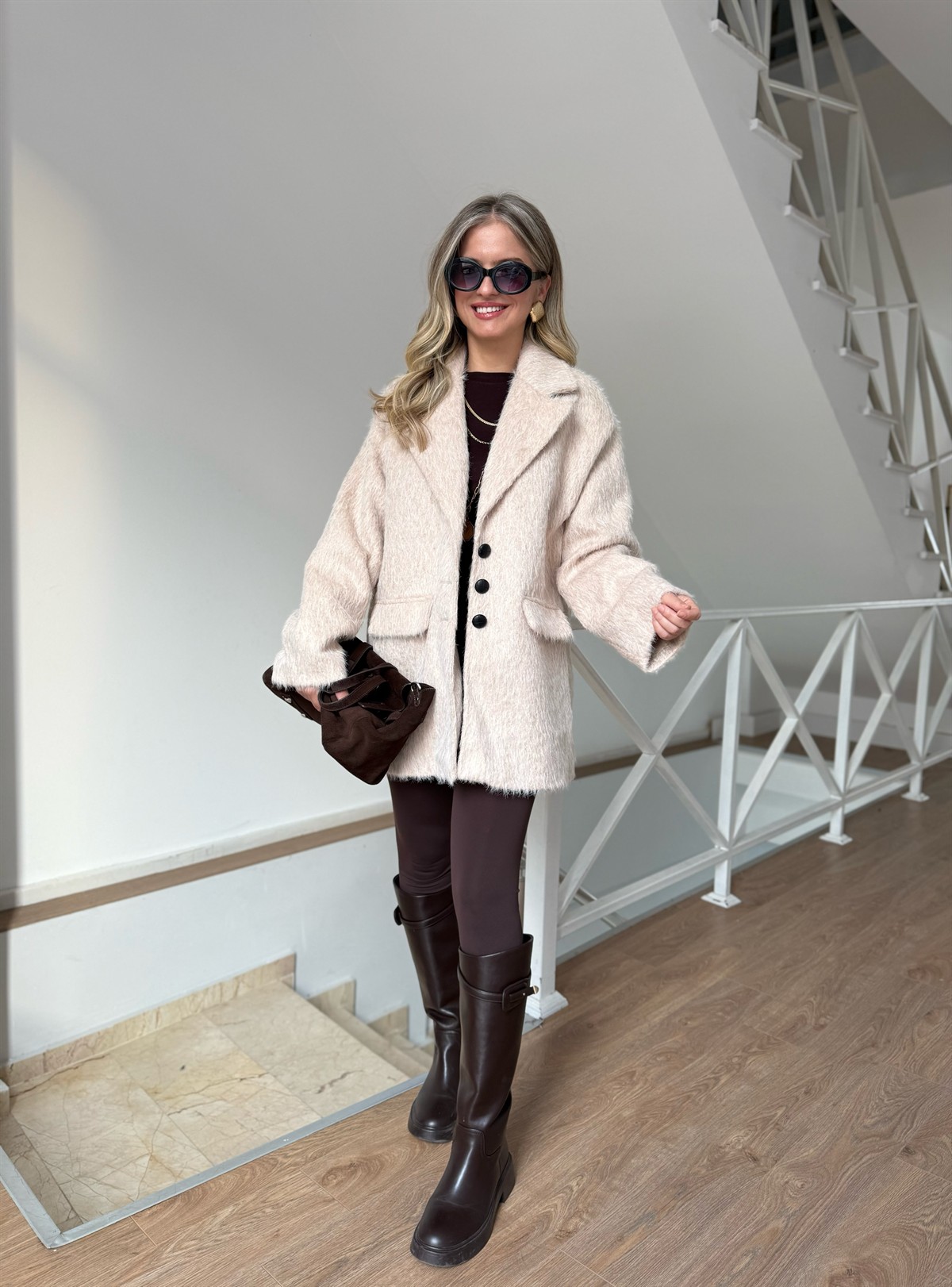 Tüylü Kaşe Kaban - Krem