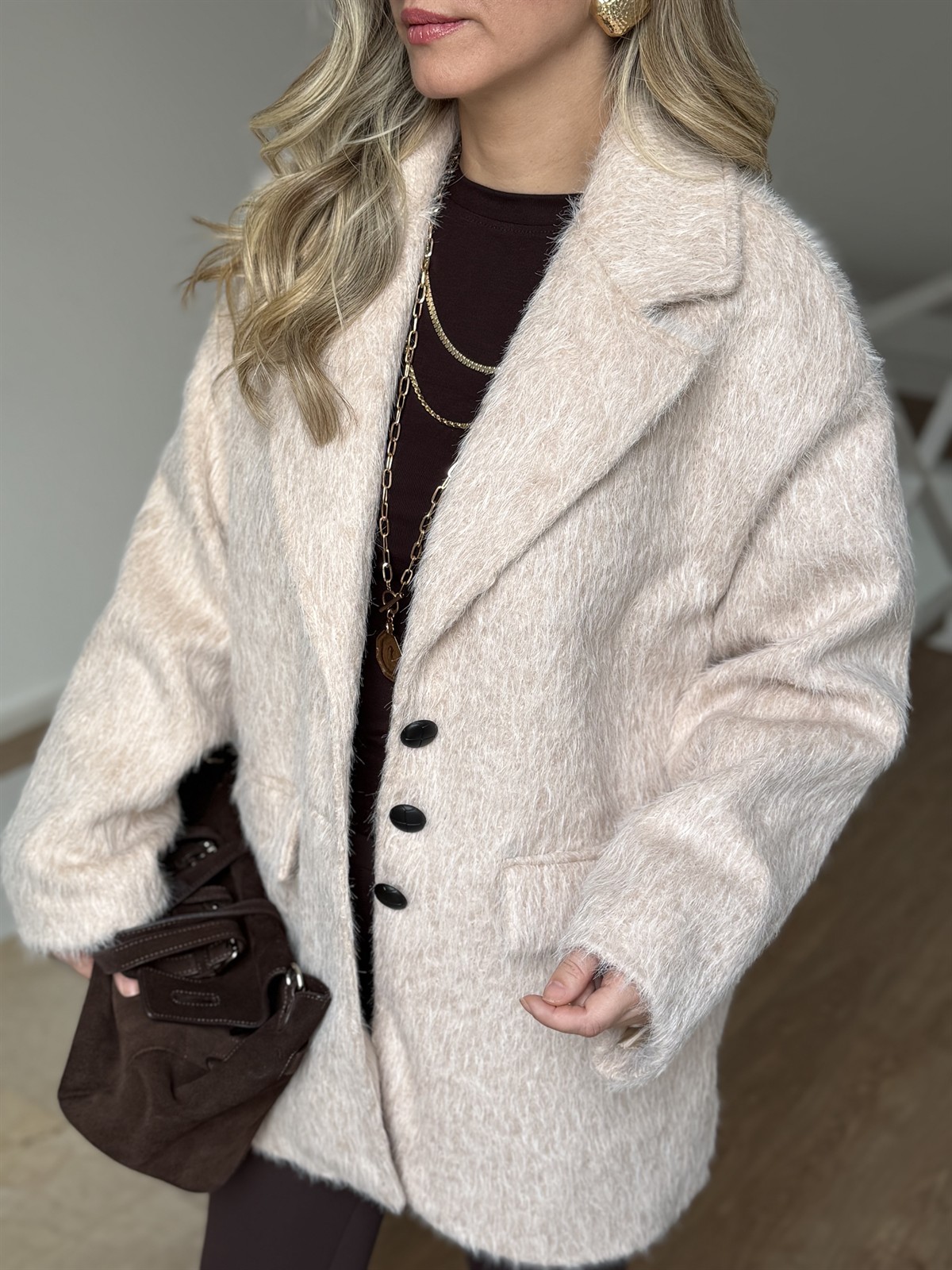 Tüylü Kaşe Kaban - Krem