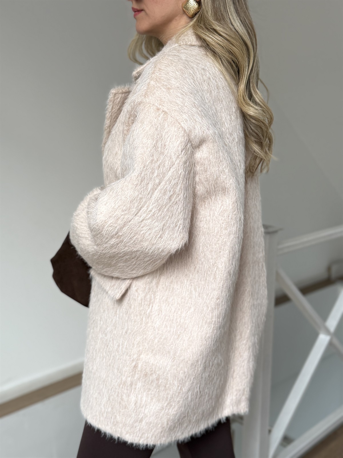 Tüylü Kaşe Kaban - Krem