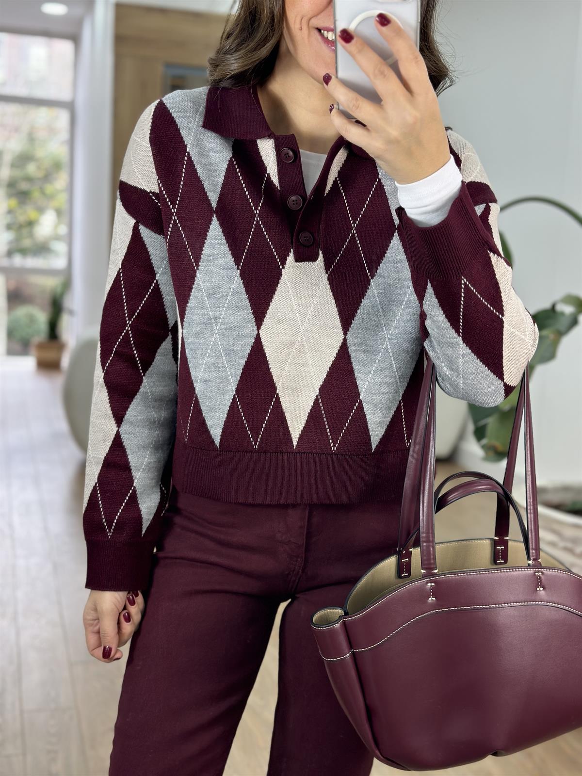 Üç Düğmeli Baklava Desen Kazak - Bordo