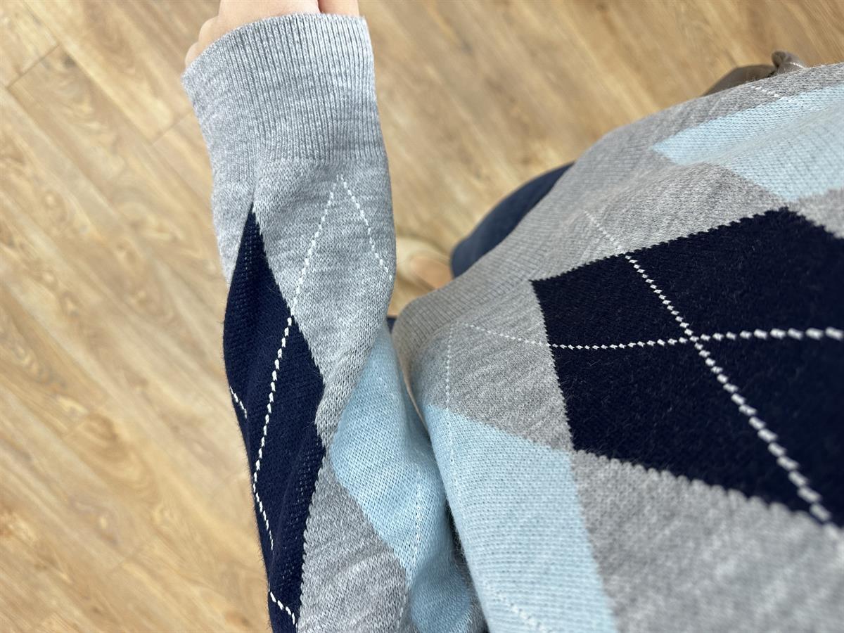 Üç Düğmeli Baklava Desen Kazak - Mavi