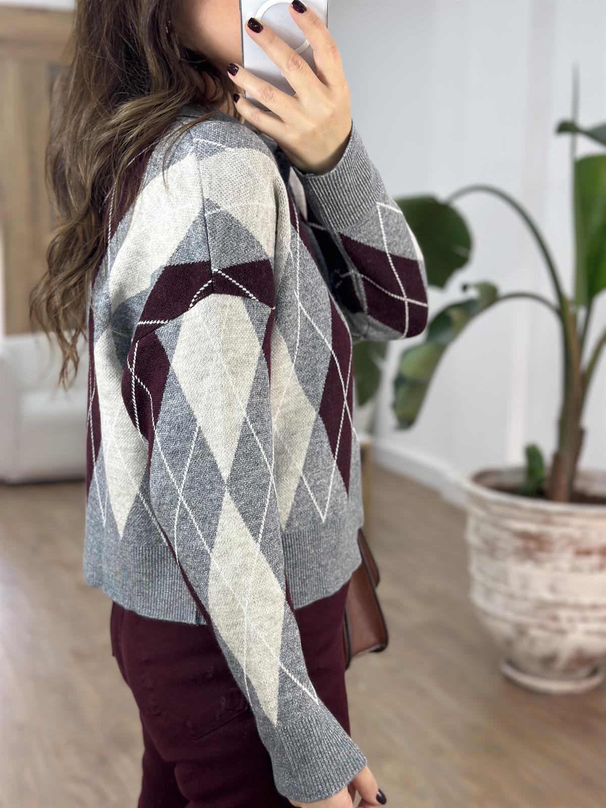 Üç Düğmeli Baklava Desen Kazak - Gri 