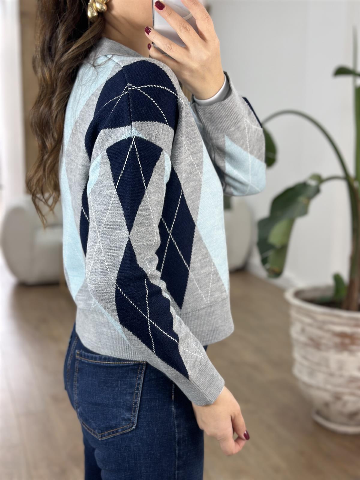 Üç Düğmeli Baklava Desen Kazak - Mavi