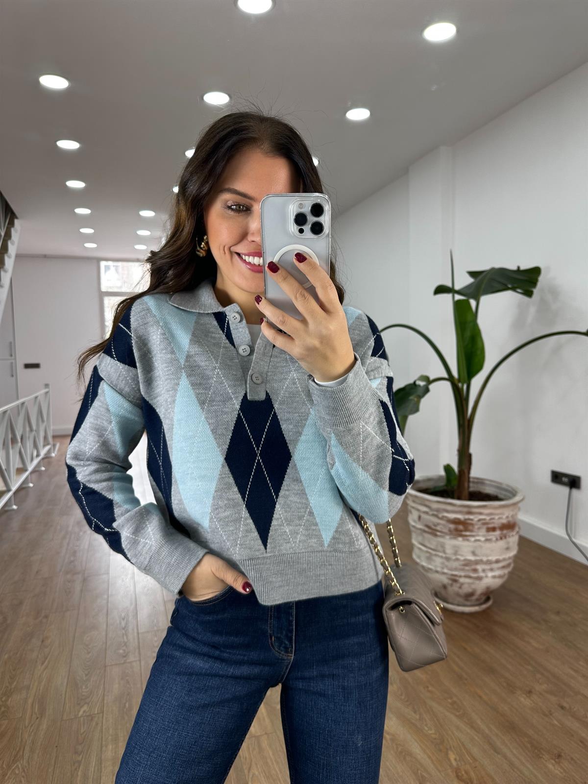 Üç Düğmeli Baklava Desen Kazak - Mavi