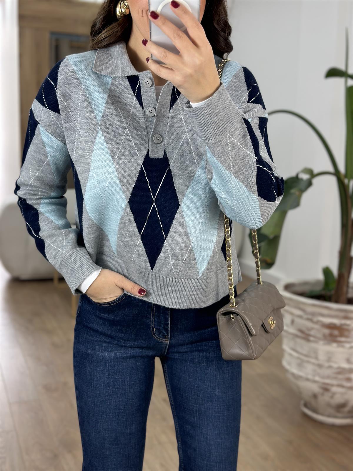 Üç Düğmeli Baklava Desen Kazak - Mavi