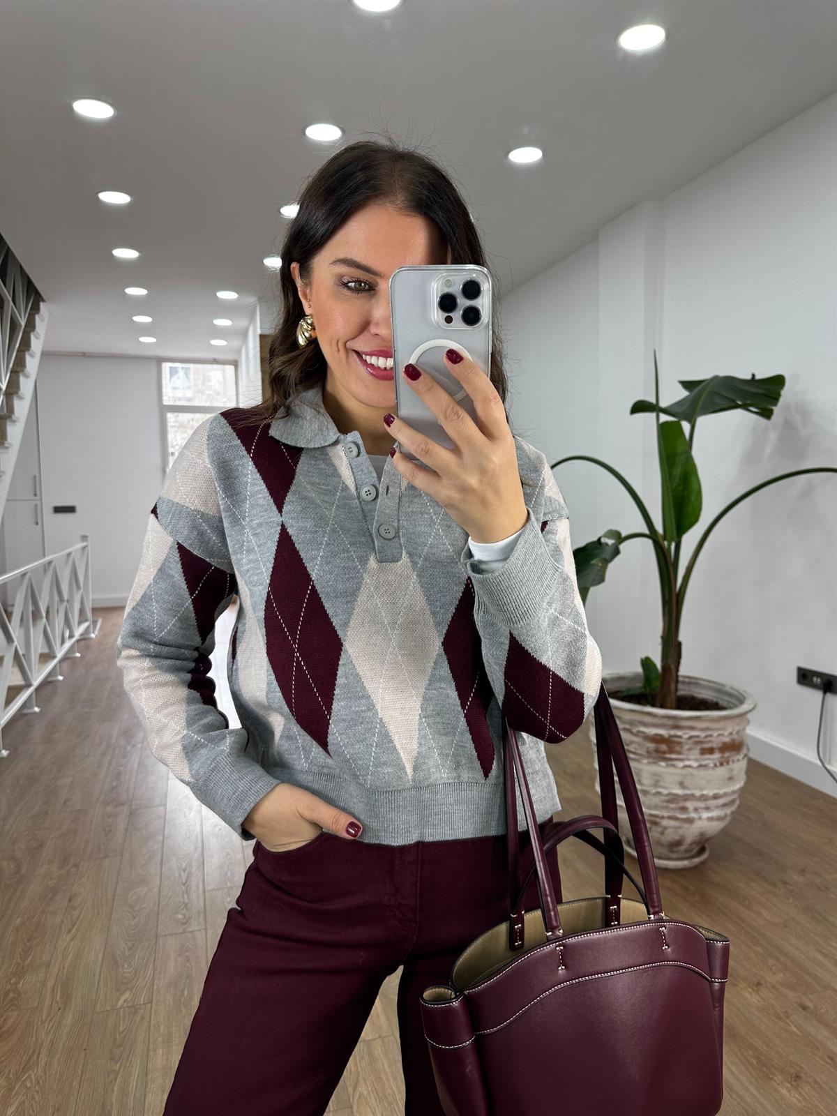 Üç Düğmeli Baklava Desen Kazak - Gri 