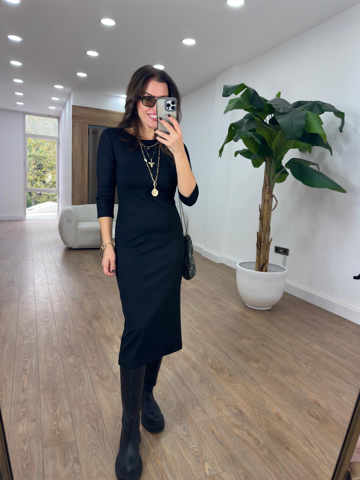 Uzun Bisiklet Yaka Likralı Basic Elbise - Siyah