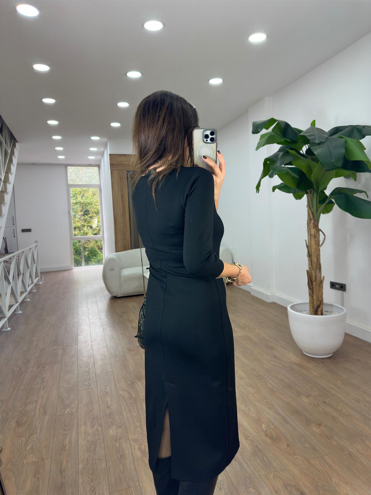 Uzun Bisiklet Yaka Likralı Basic Elbise - Siyah