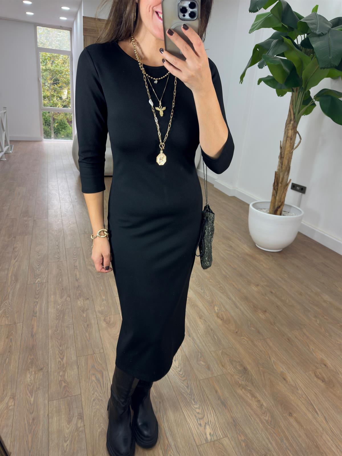 Uzun Bisiklet Yaka Likralı Basic Elbise - Siyah