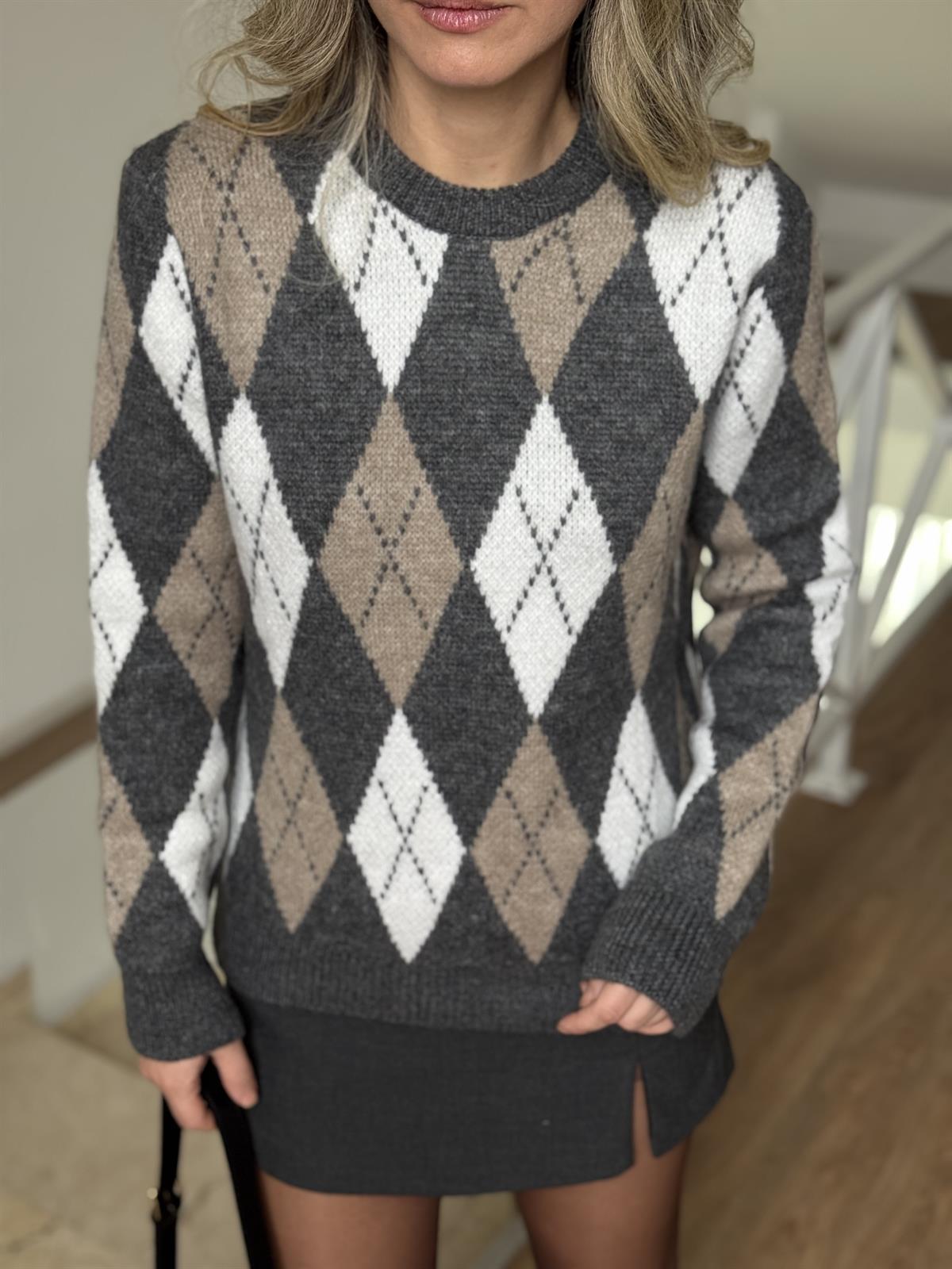 Uzun Kol Baklava Desen Kazak - Gri