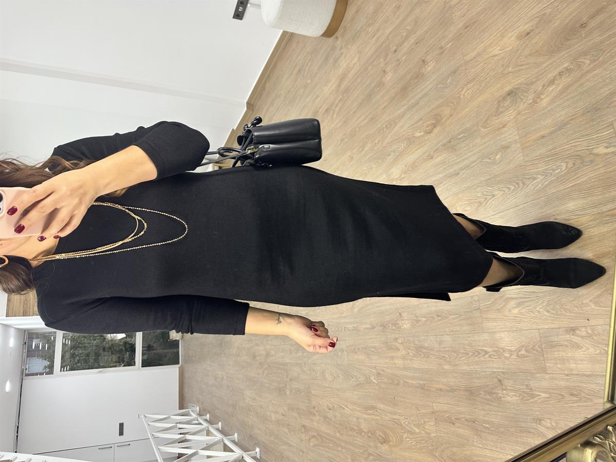 Uzun Kol Yumuşacık Triko Elbis-Siyah