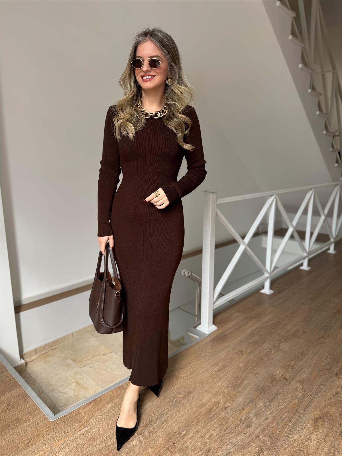 Uzun Kollu Maxi Boy Triko Elbise - Kahverengi