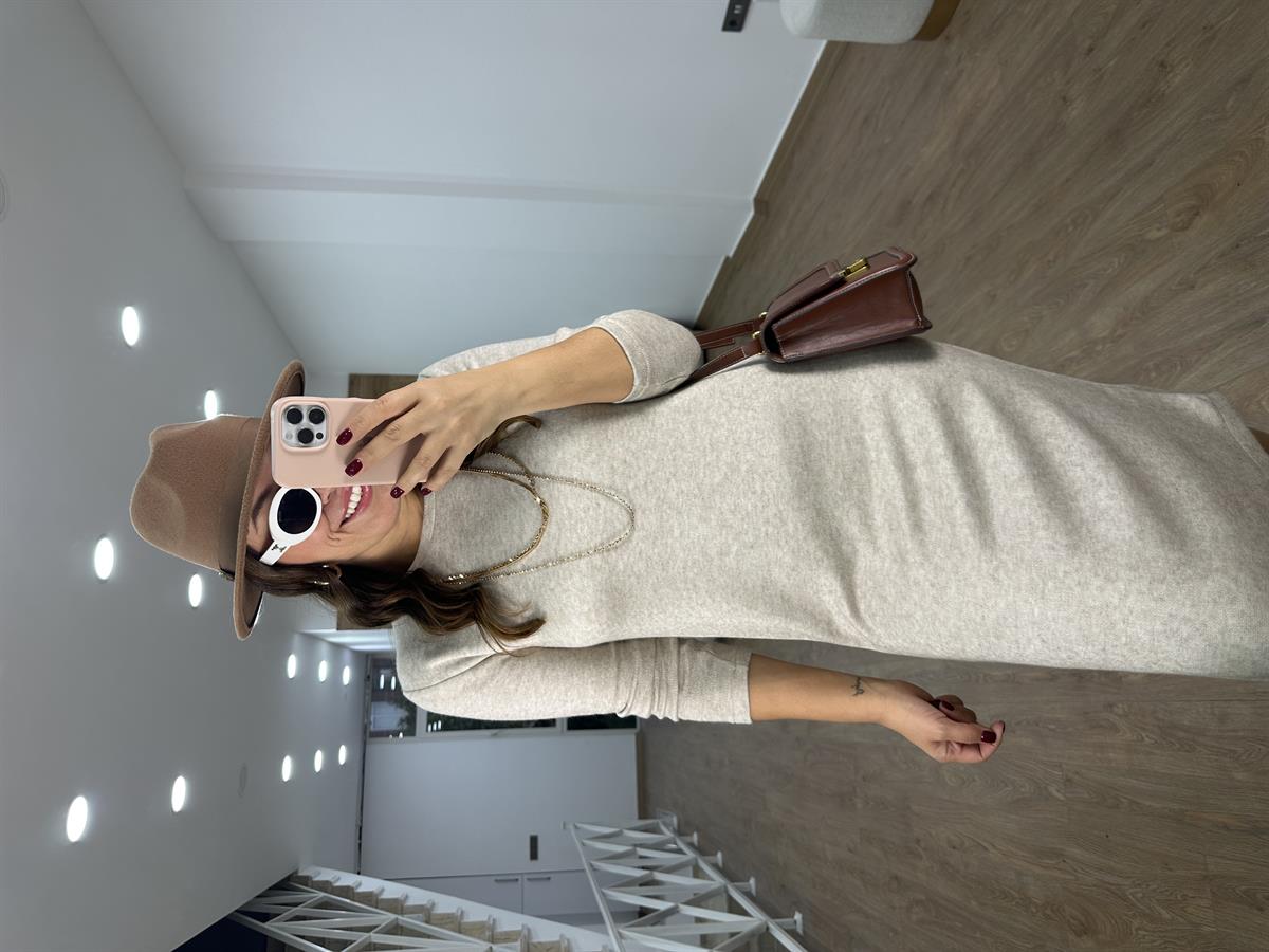 Uzun Kollu Yumuşacık Triko Elbise-Bej