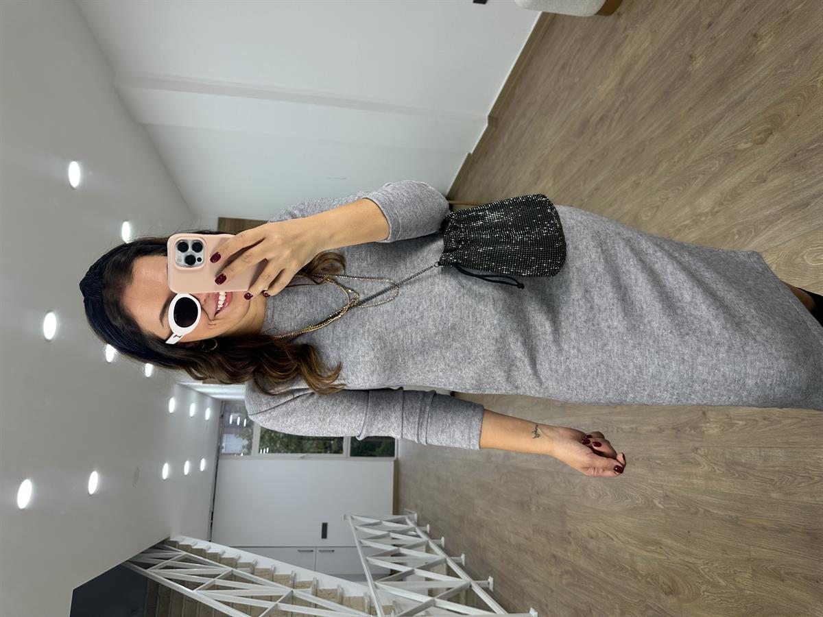 Uzun Kollu Yumuşacık Triko Elbise-Gri