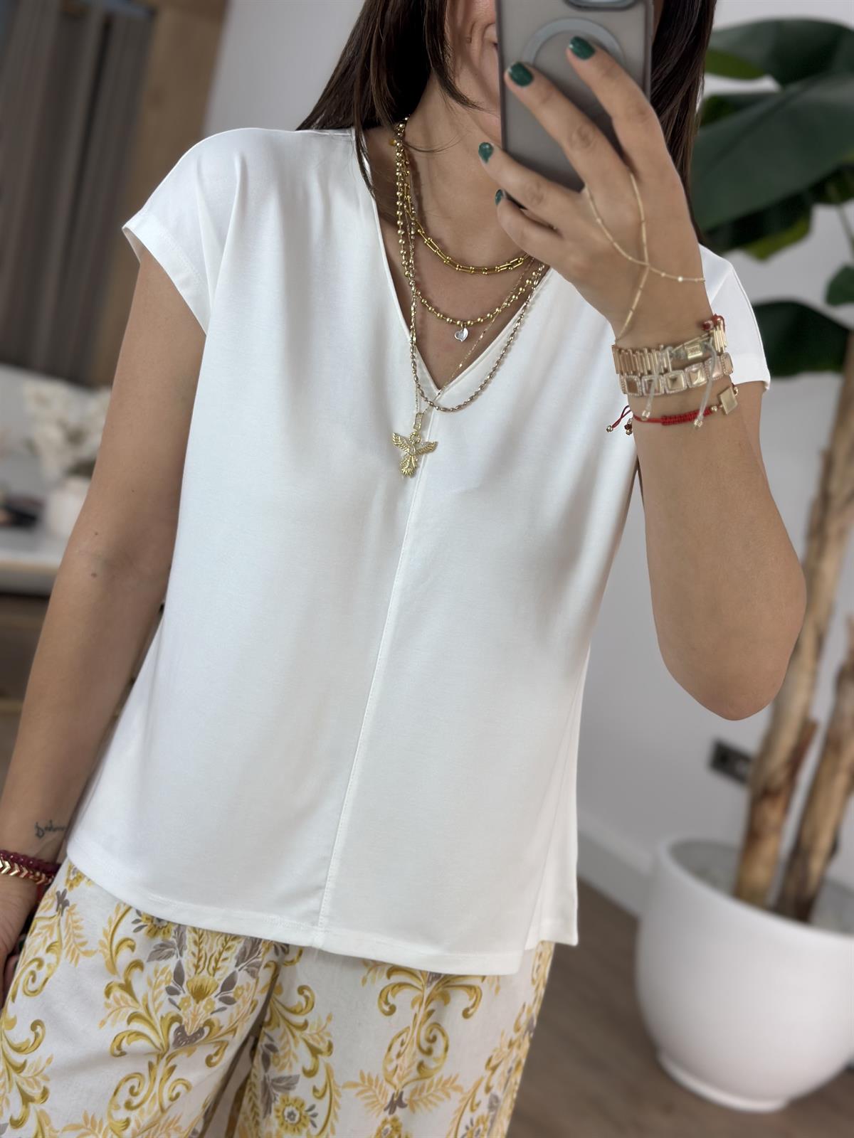 V Yaka Önü Dikişli Modal Tshirt - Beyaz